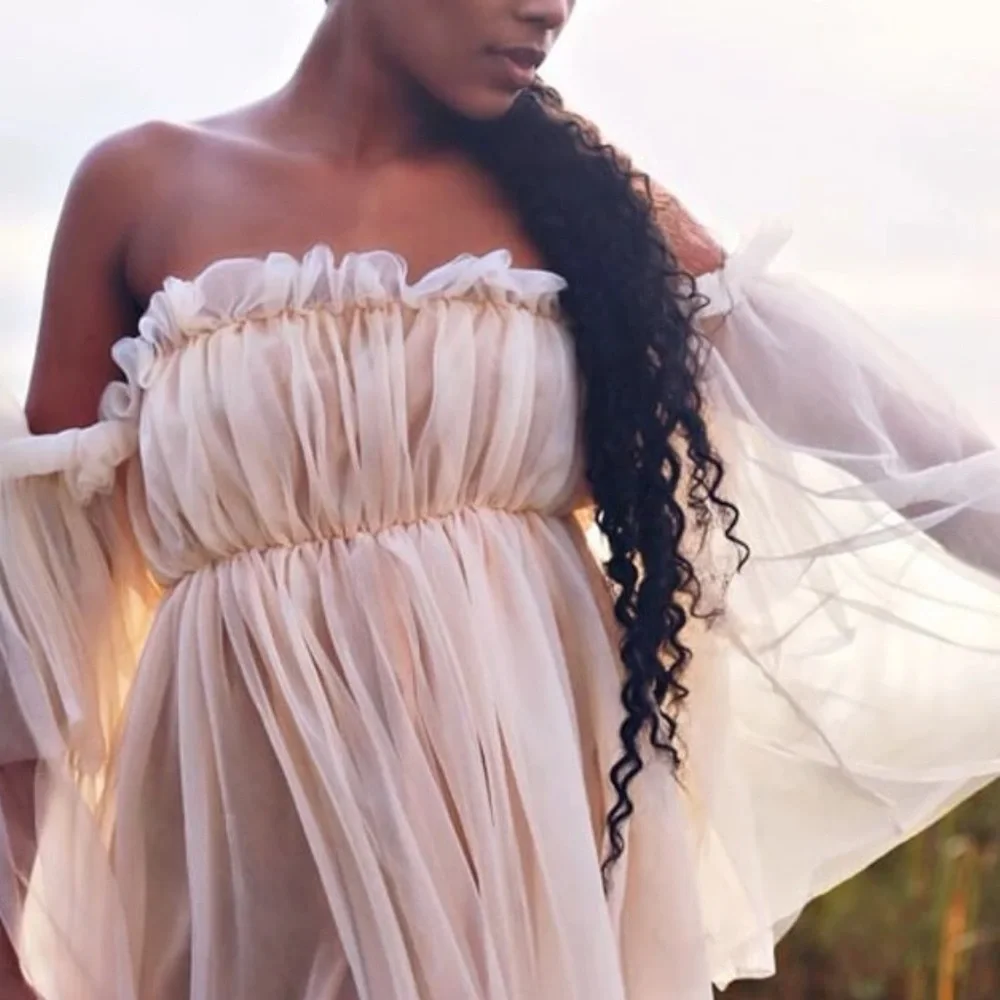 Ruffle dress mesh off shoulder fairy layer cream - Picture 11 of 14